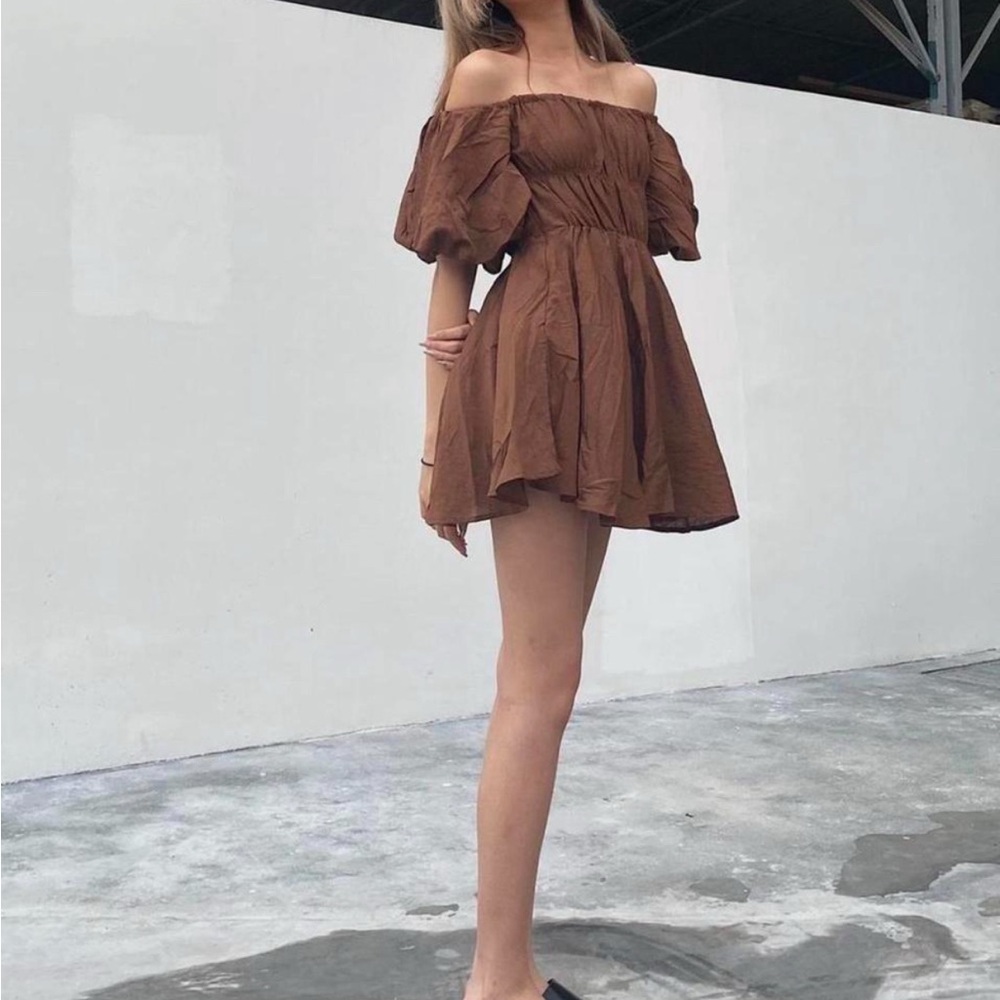 NWT Princess Polly Chocolate Brown Puff Sleeve Off Shoulder Mini Dress - Size 4